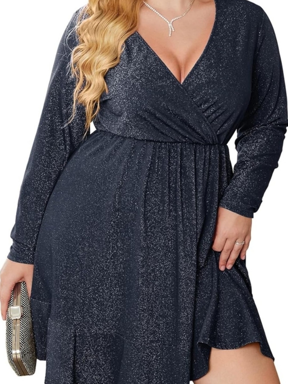 Plus Size Dark Blue Sparkle Wrap Dress with Long Sleeves